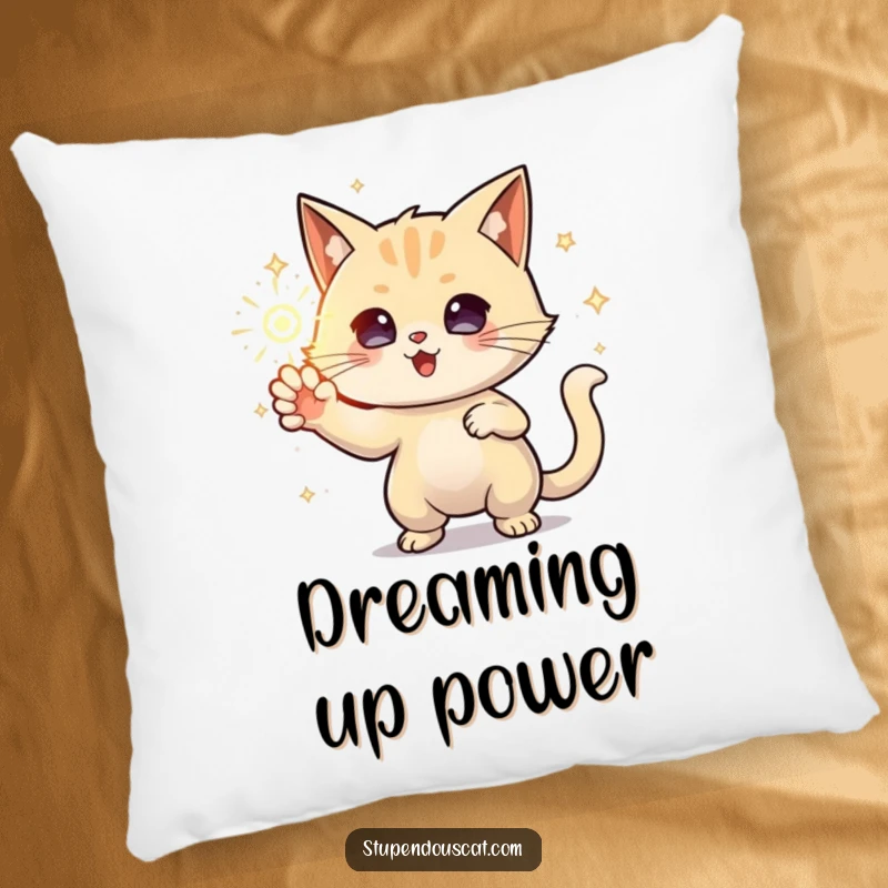 Funny Pillow featuring a powerful cat conjuring a sparkling orb of energy, offering soft comfort and a touch of mystical charm.