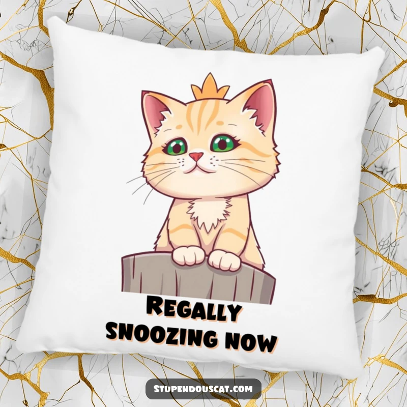 Funny regal cat pillow with soft texture, depicting a cat looking down from a high perch with funny regality.