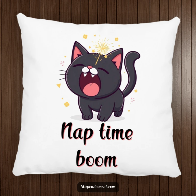Funny black cat pillow, roaring with sparkling fireworks erupting, a cozy cushion bringing explosive cheer.