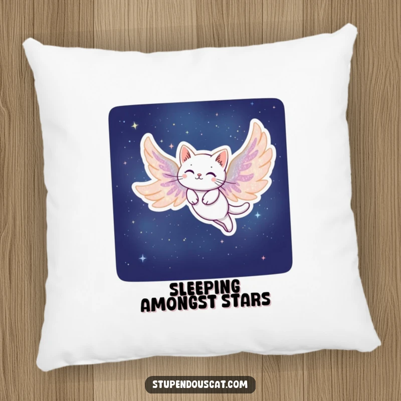 Funny Stardust Cat Pillow: A soft pillow featuring a cat with wings made of stardust, soaring gracefully through the night.