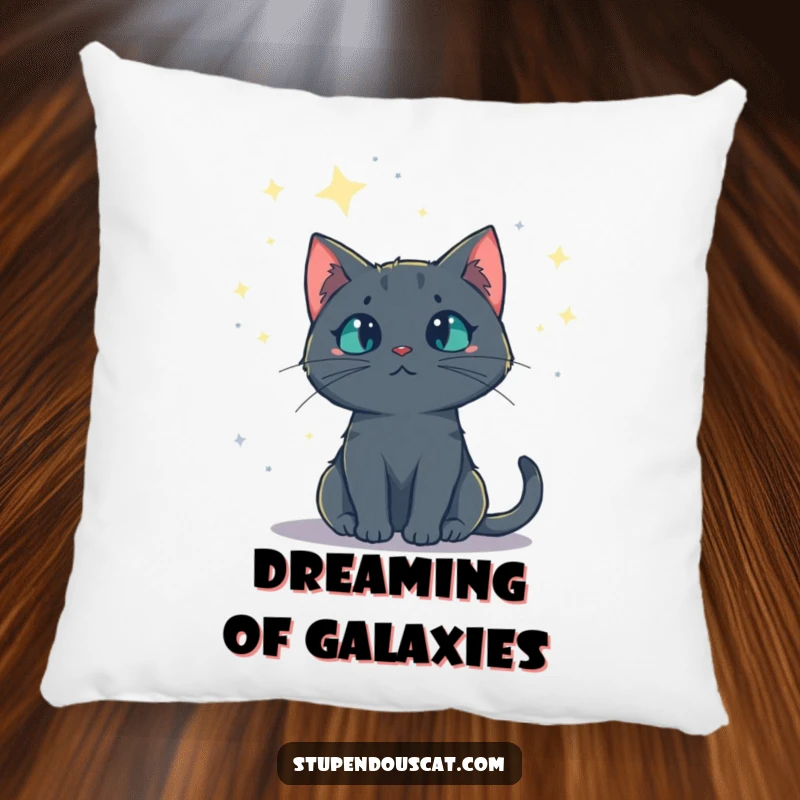 Funny pillow with a mysterious cat gazing at a starry night sky, providing soft comfort and a touch of cosmic mystery, an ideal funny gift.