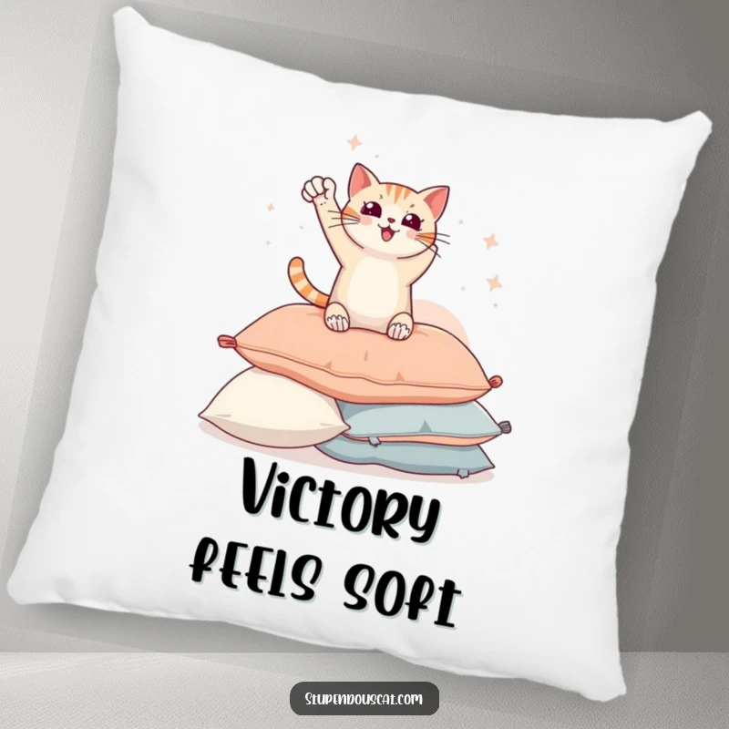 Funny pillow showcasing a triumphant cat striking a heroic pose, perfectly suited for a cozy and humorous decor.