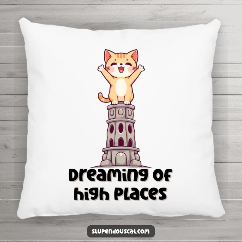 Funny Triumphant Cat Pillow: A soft pillow featuring a cat standing triumphantly atop a challenging, impossible structure.