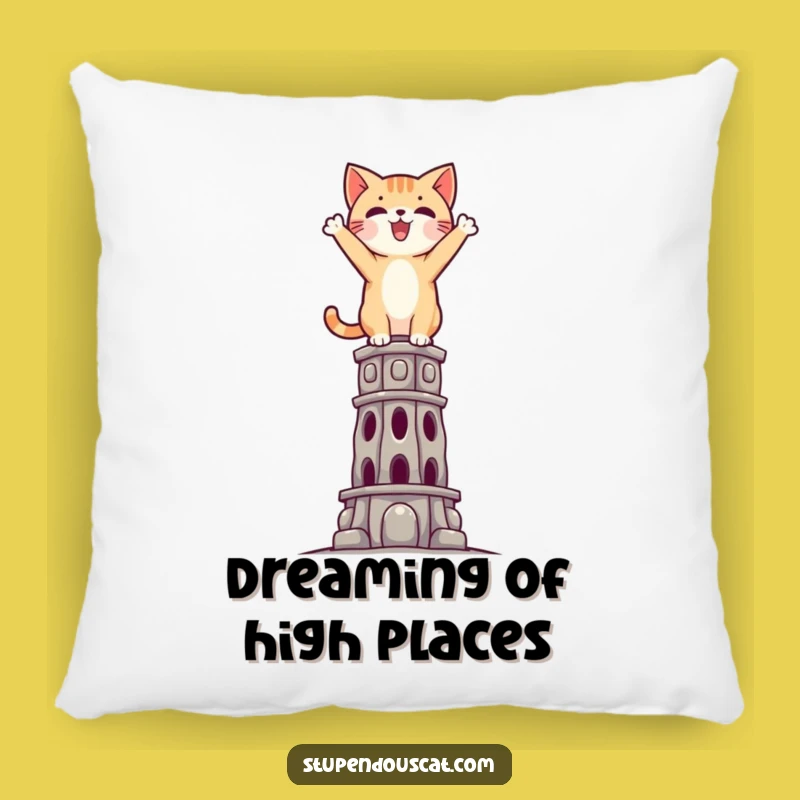 Funny Triumphant Cat Pillow: Cozy Cushion for Achievers Inspired by Impossible Heights
