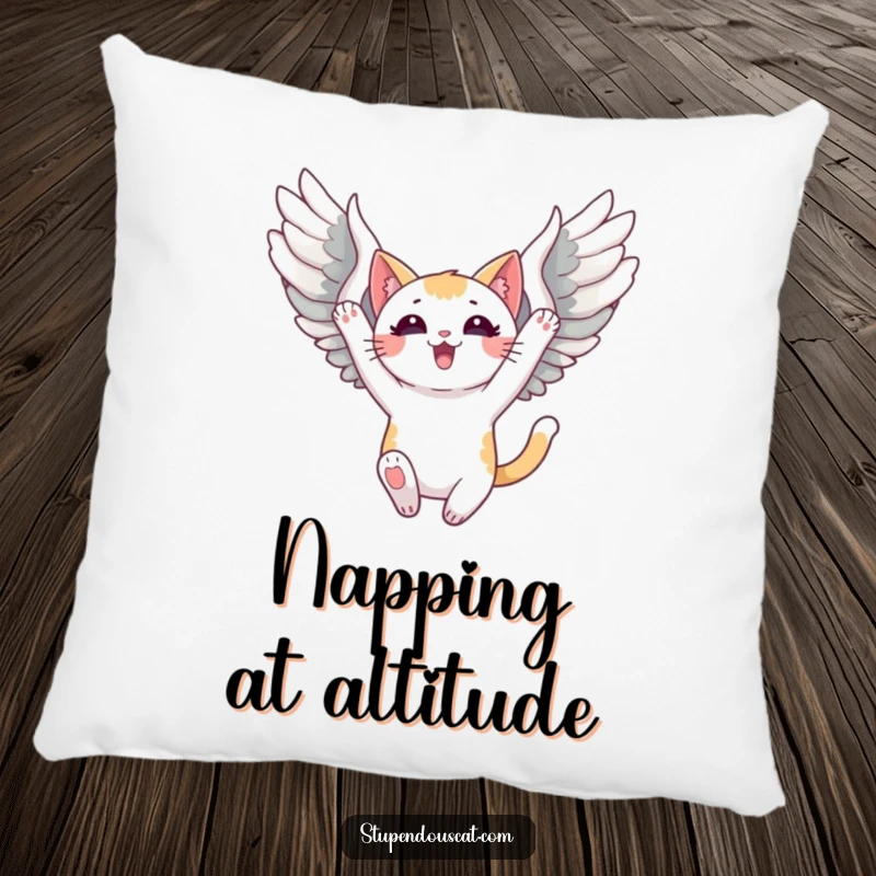 Funny Pillow featuring a triumphant cat with spread wings, soaring high, offering soft comfort and a dream of flight.