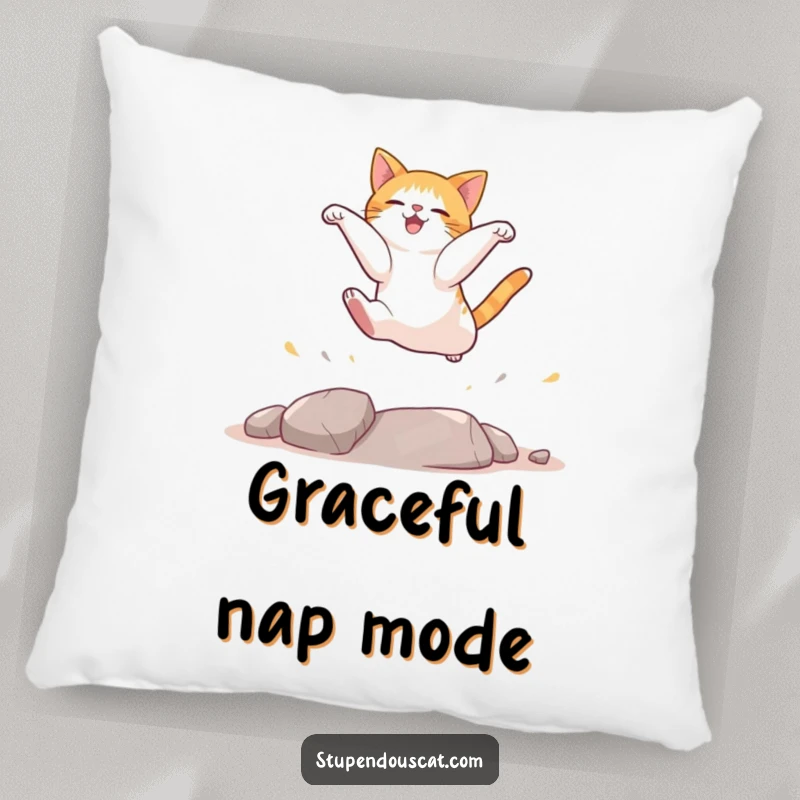 Funny cat pillow featuring a soft texture and a humorous illustration of a cat landing gracefully after a jump.