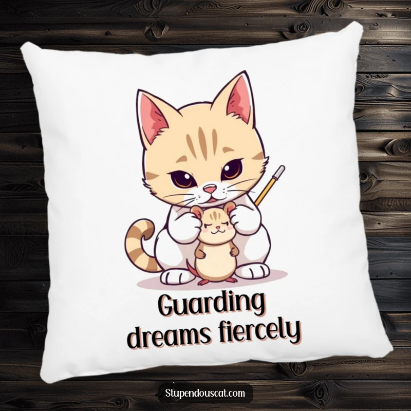 Funny pillow with a valiant cat protectively guarding a small toy mouse, offering soft comfort and a brave presence, an ideal funny gift.