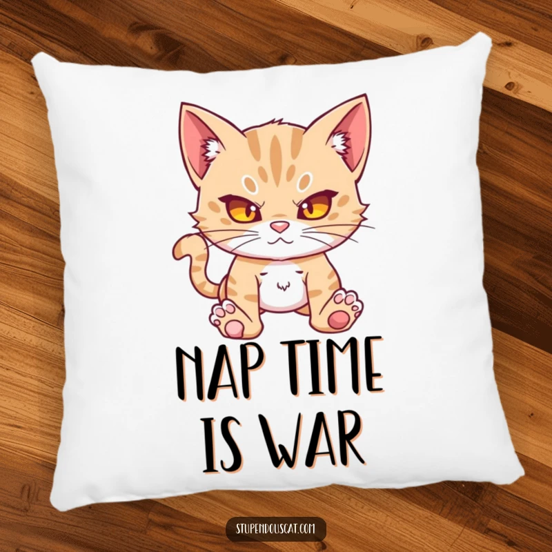 Funny action cat cub pillow, depicted as formidable and ready for a humorous battle or nap. Soft and bold.