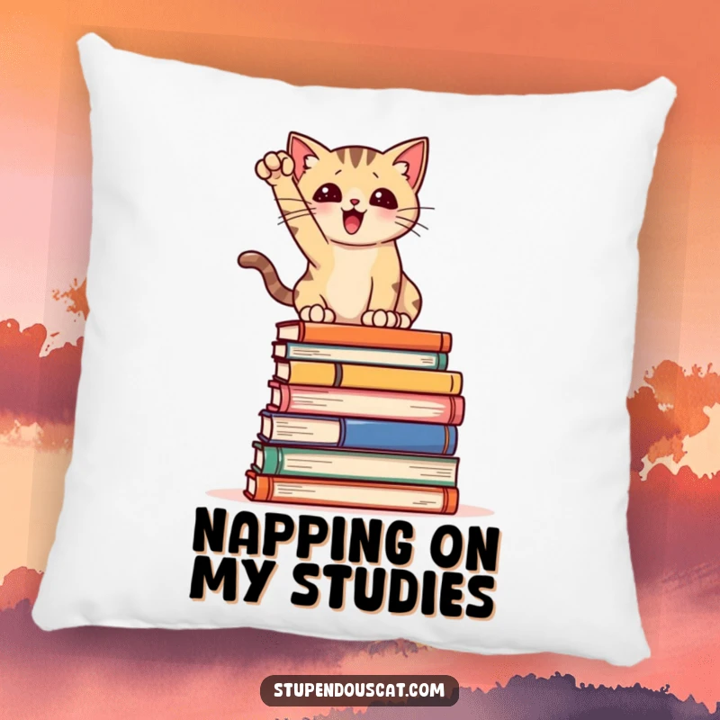 Funny Pillow: A plush pillow featuring a cat in a dramatic pose on books, offering cozy literary humor and comfort.