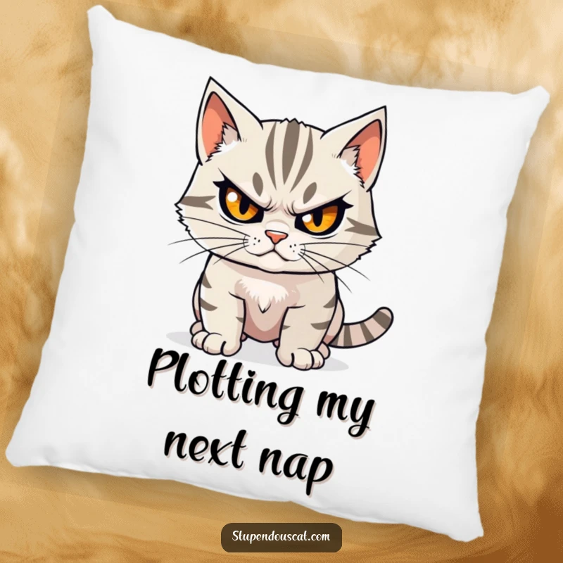 Funny determined cat pillow with a cat’s steely gaze, offering comfort and motivation, a perfect humorous decor piece.