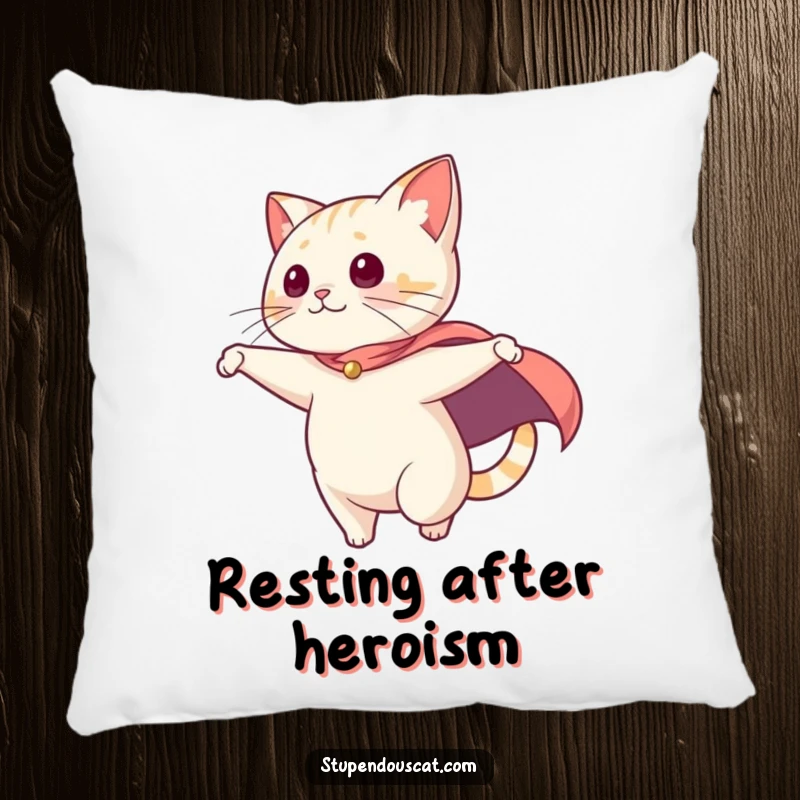Funny Pillow: A plush pillow featuring a cat with a dramatic cape swooping, offering heroic comfort and feline charm.