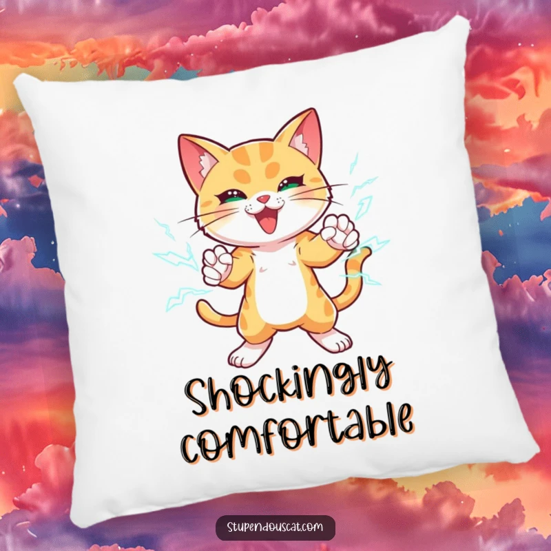 Funny pillow featuring a powerful cat crackling with lightning bolts around its paws, striking an impressive and dynamic pose.