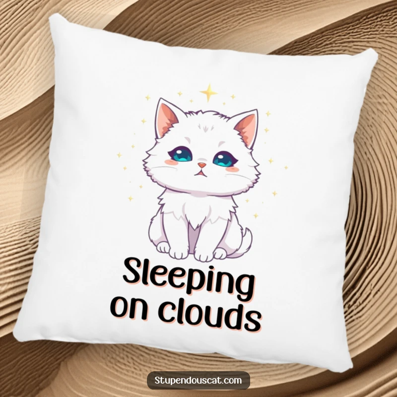 Funny white cat pillow, majestic with a halo of shimmering stardust, a soft cushion adding cosmic charm and comfort.