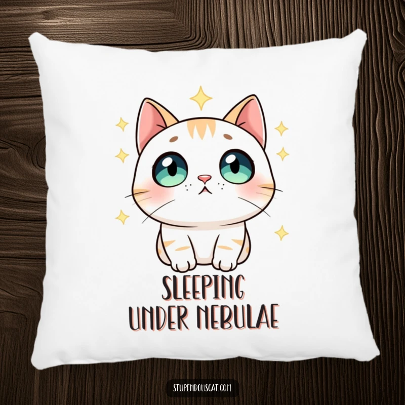 Funny Pillow: A plush pillow featuring a cat with wide eyes gazing at stars, offering cosmic comfort and feline charm.