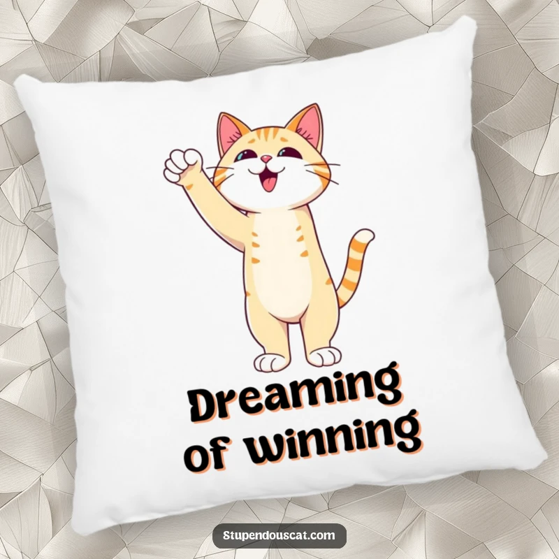 Funny Cat Pillow with an admirable cat standing tall with an outstretched paw of triumph, offering cozy victory and pride.