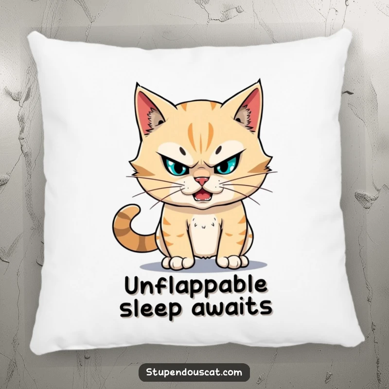 Funny fearless cat pillow featuring a brave cat with unwavering resolve, looking stupendous and offering comforting bravery.