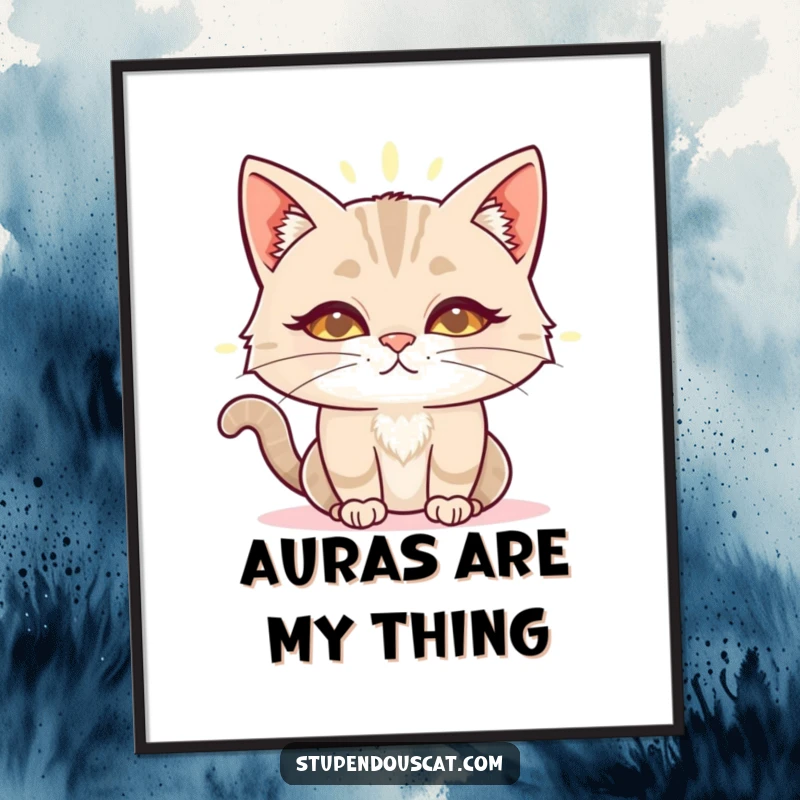 Funny wise cat aura digital art print of a cat bathed in a glowing aura, exuding ancient knowledge and peaceful wisdom.