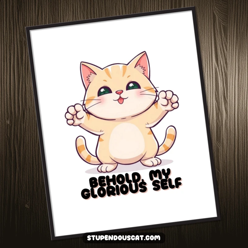 Funny digital art print of a cat in a heroic stance with front paws outstretched, radiating bravery and charm.