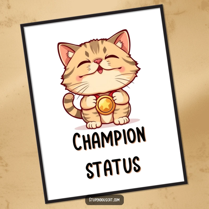 Funny Digital Art Print: A stupendous cat proudly displays a shining medal, ready to be printed for winning decor.