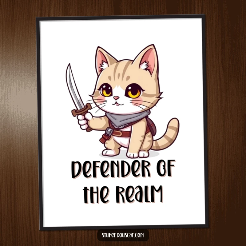 Funny cat digital art print showing a brave cat holding a tiny sword, ready for adventure.