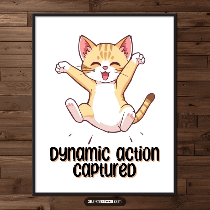 Funny Digital Art Print of a dynamic cat cub performing a mid-air flip, offering instant, humorous wall decor filled with exciting action.