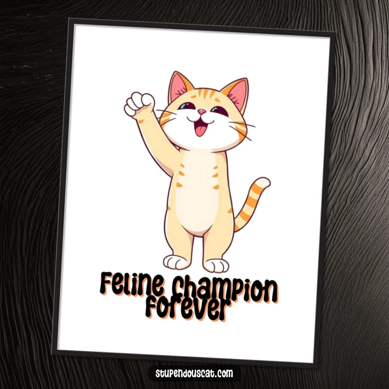 Funny Cat Digital Art Print of an admirable cat standing tall with an outstretched paw of triumph, celebrating victory and achievement.