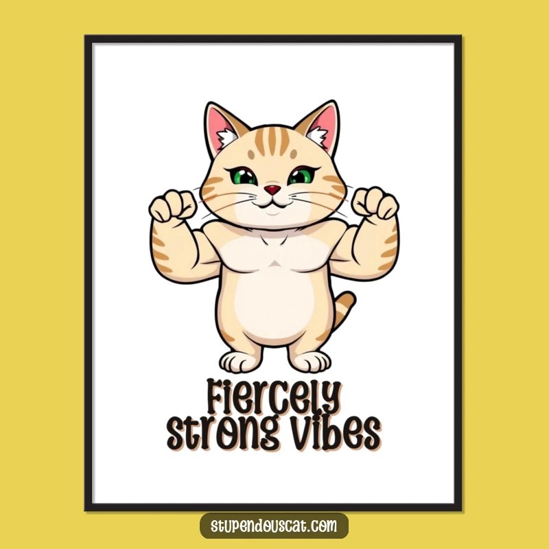 Funny Strong Cat Digital Art: Flexing Muscles for Prideful Wall Decor