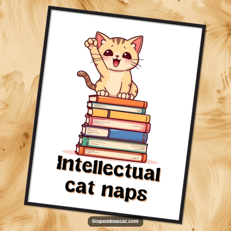 Funny Digital Art Print: A cat striking a dramatic pose on a stack of books, offering instant literary humor and personality.