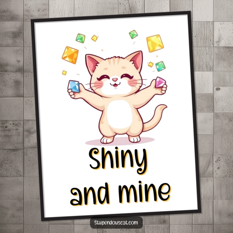 Funny cat juggling gems digital art print, a feline artist expertly tossing vibrant, precious stones, creating a visually stunning and humorous display.