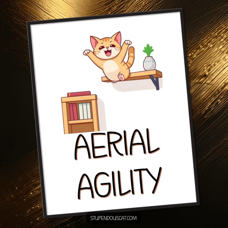 Funny cat digital art print showing a cat in a spectacular mid-air leap from a high shelf, full of energy.