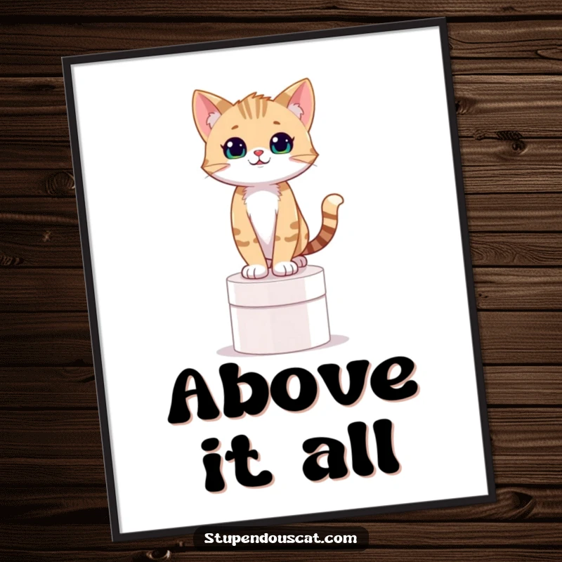 Funny digital art print of a confident cat cub standing proudly on a pedestal, exuding humorous self-assurance.