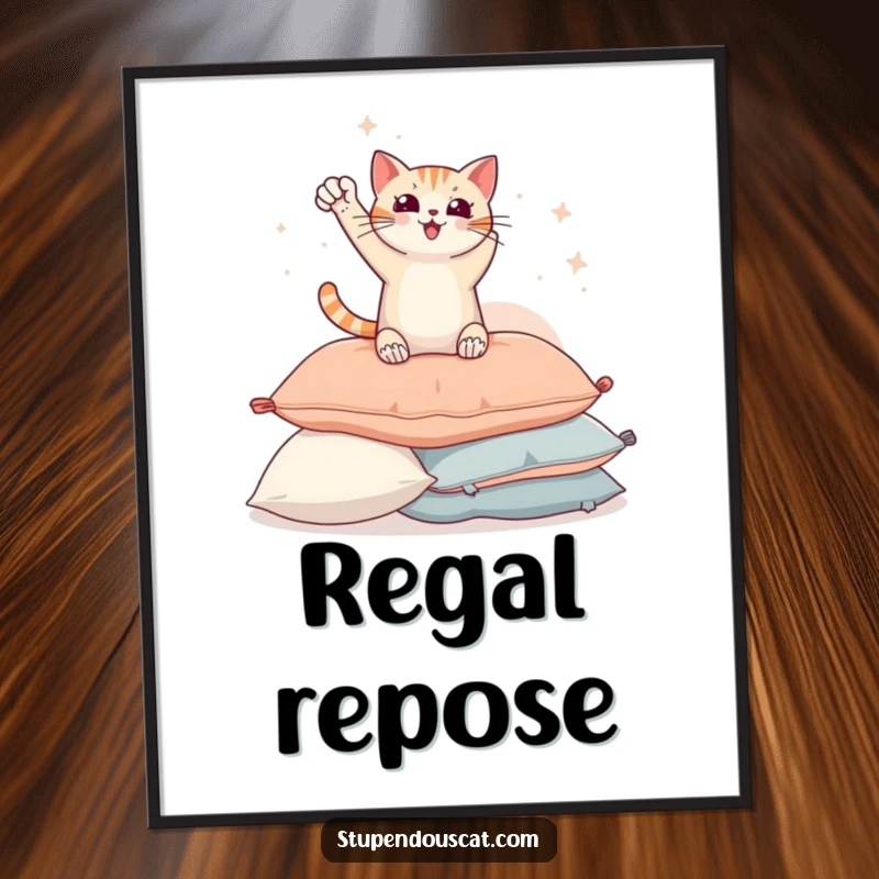 Funny digital art print of a triumphant cat striking a heroic pose atop a pile of pillows, exuding pride.