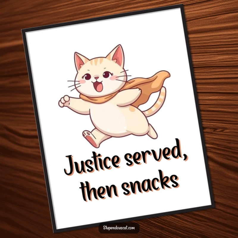 Funny digital art print of a determined cat hero leaping dramatically, cape billowing, adding vibrant, humorous energy.