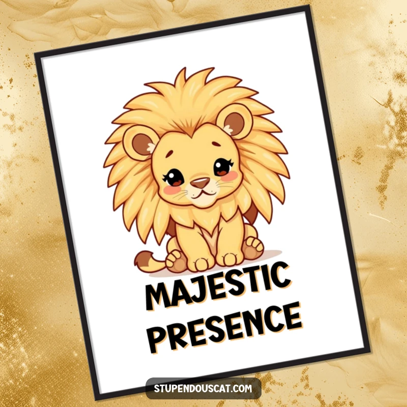 Funny lion cub digital art print, a majestic cub with a comically large, shimmering mane, exuding playful regality.