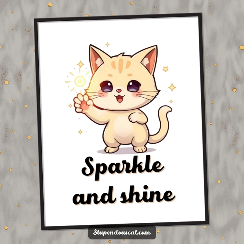 Funny Digital Art Print of a powerful cat character conjuring a sparkling orb of energy, radiating mystical power and visual appeal.