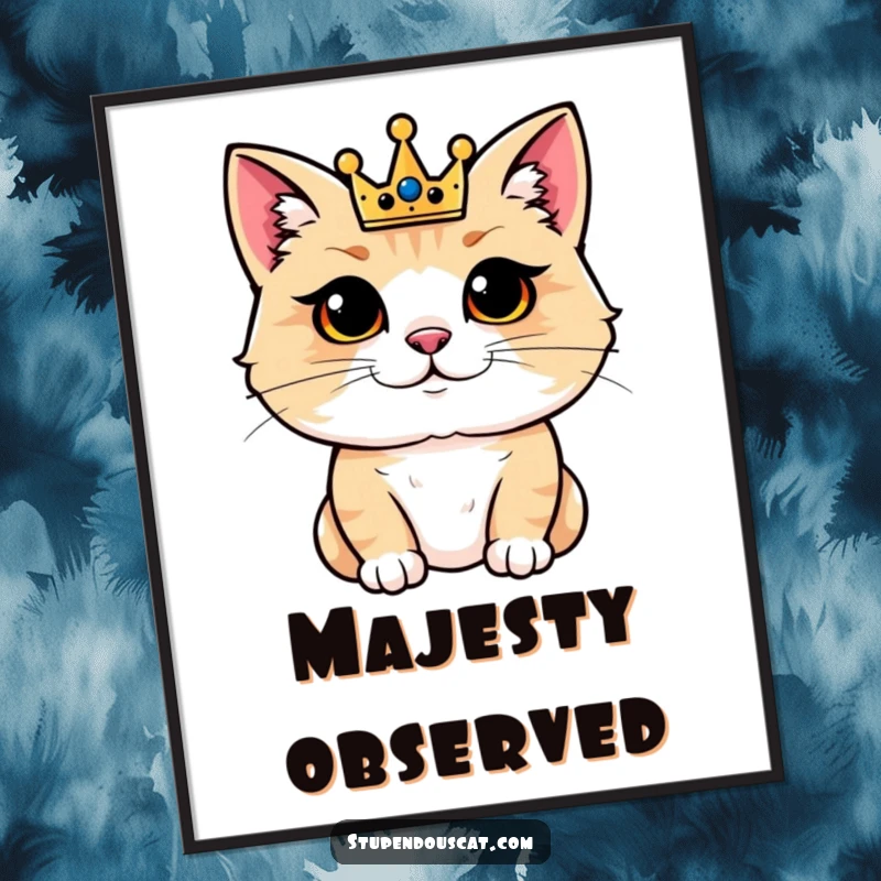 Funny digital art print of a regal cat wearing a small crown, looking incredibly pleased and satisfied. Adds charm to spaces.