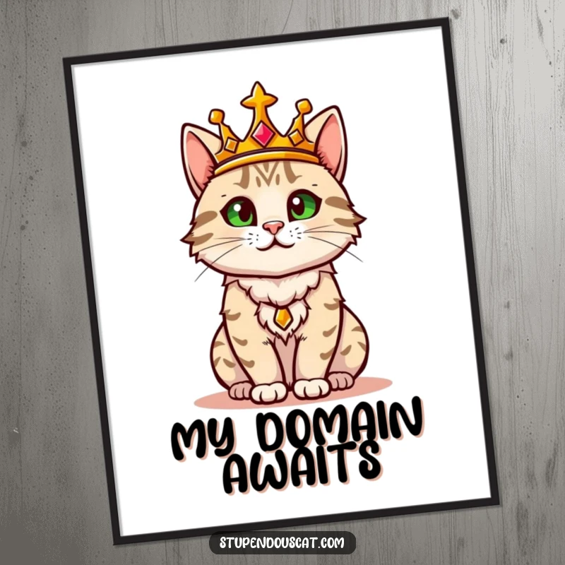 Funny digital art print depicting a regal cat wearing a golden crown, confidently surveying its domain with a majestic and authoritative gaze.