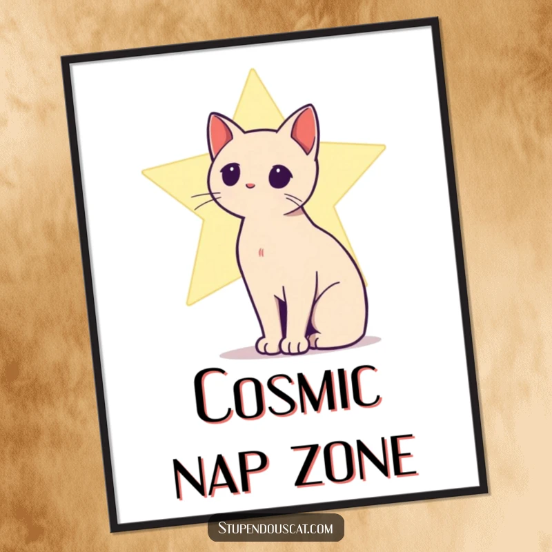 Funny digital art print of a cat silhouette against a bright, shining star, creating a magical and serene ambiance.