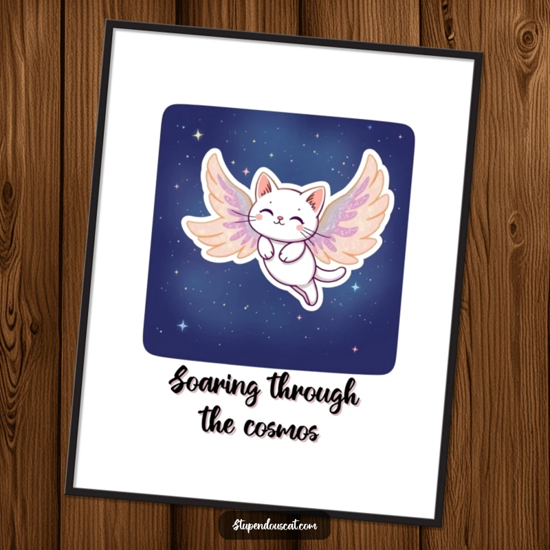 Funny Stardust Cat Digital Art Print: Artwork of a cat with wings made of stardust, soaring gracefully through the night.