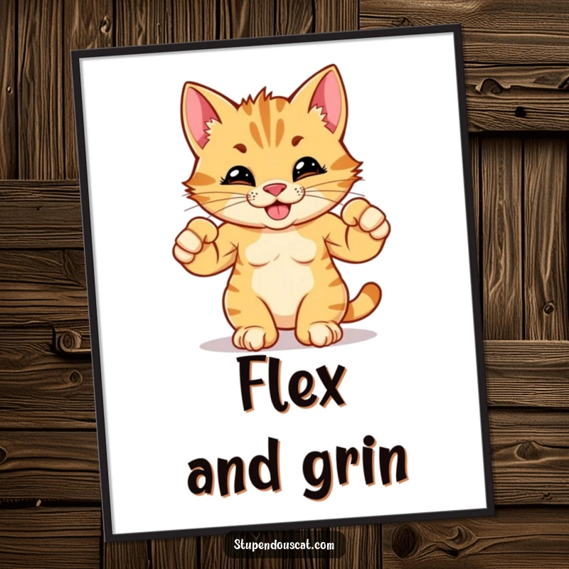 Funny digital art print of a strong cat cub flexing its tiny muscles with a triumphant, humorous grin.