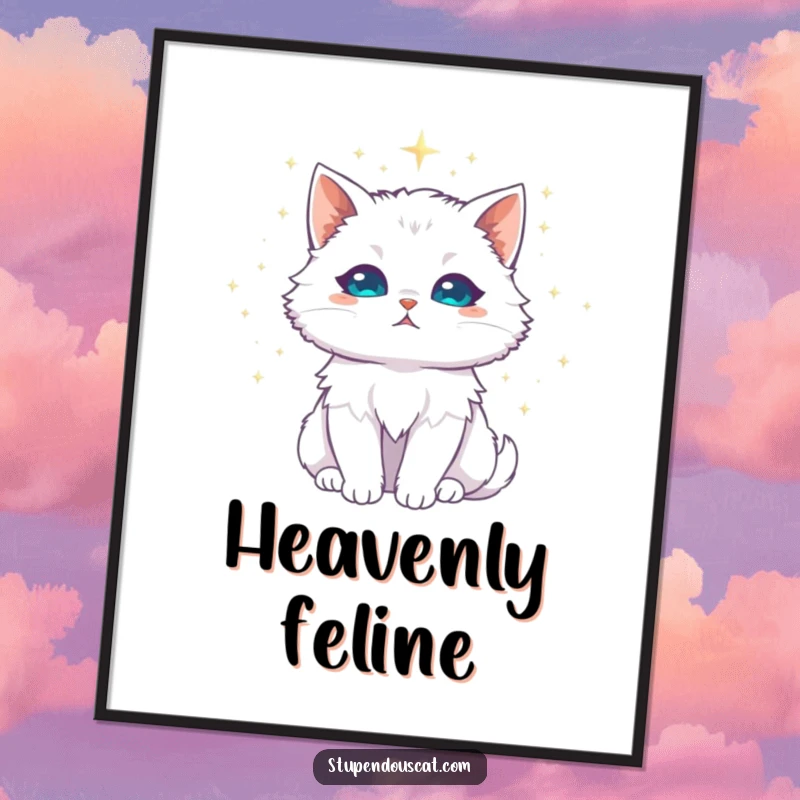 Funny white cat digital art print, majestic with a halo of shimmering stardust, a celestial piece capturing serene beauty.