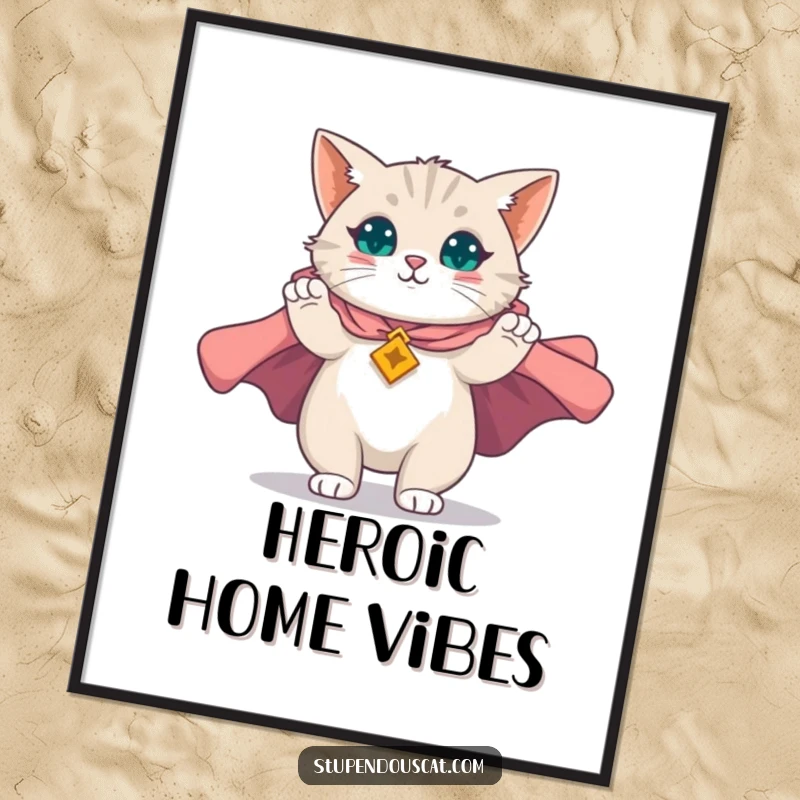 Funny digital art print of a magnificent cat unfurling a majestic cape, heroic and grand, perfect for instant download wall decor, a funny gift.