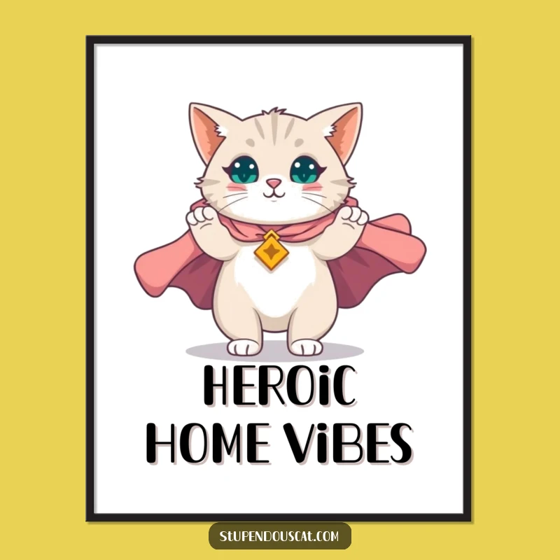 Funny Majestic Cape Cat Digital Print: Heroic Feline Art for Walls, Instant Funny Gift