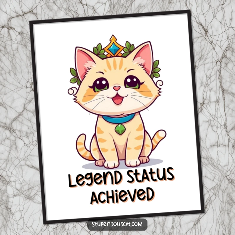 Funny champion cat with a laurel wreath, basking in triumphant glory, as a digital art print, wall decoration.