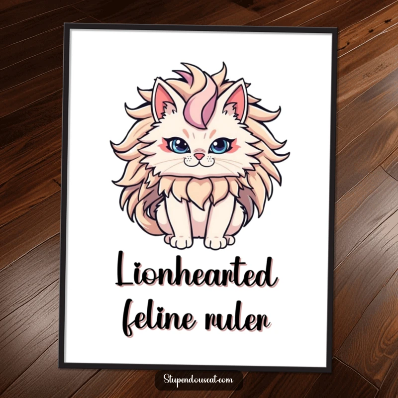 Funny Cat Digital Art Print of a powerful cat with an epic flowing mane, exuding majesty and feline authority.
