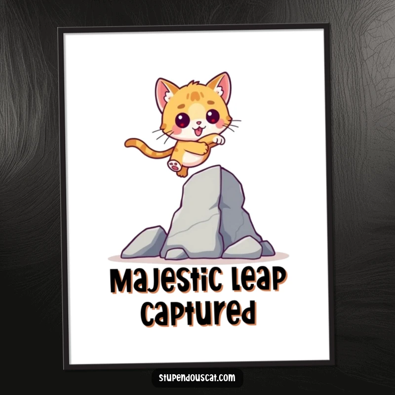 Valiant Cat Cub Leap Digital Art Print: A vibrant print of a brave cat cub leaping over a towering obstacle, symbolizing perseverance.