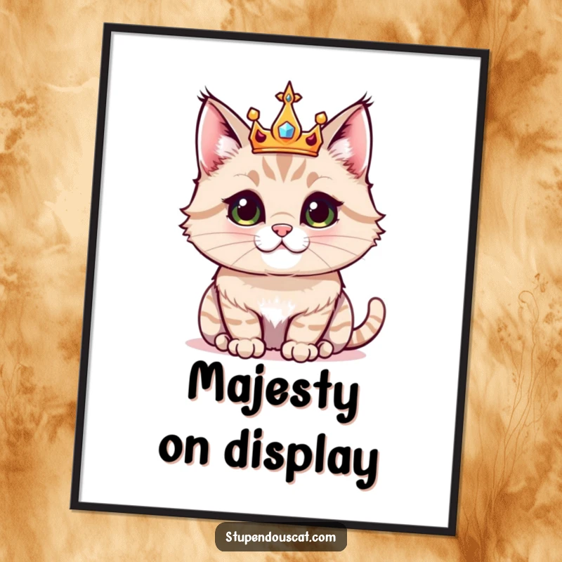 Funny digital art print of a majestic cat wearing a small, sparkling crown, exuding royal humor and charm.