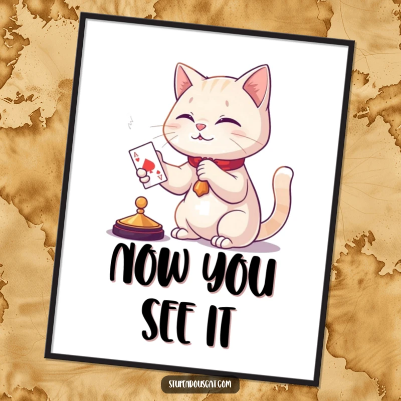 Funny cat magic digital art print, a feline illusionist skillfully producing a playing card, creating a whimsical and humorous visual experience.