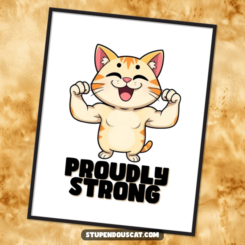 Funny digital art print of a proud cat character flexing its muscles with a confident grin, full of strength and humor.