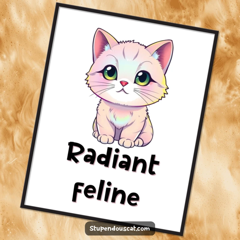 Funny iridescent cat digital art print, showcasing a feline with fur that shimmers and glows with a spectrum of vibrant, magical colors.